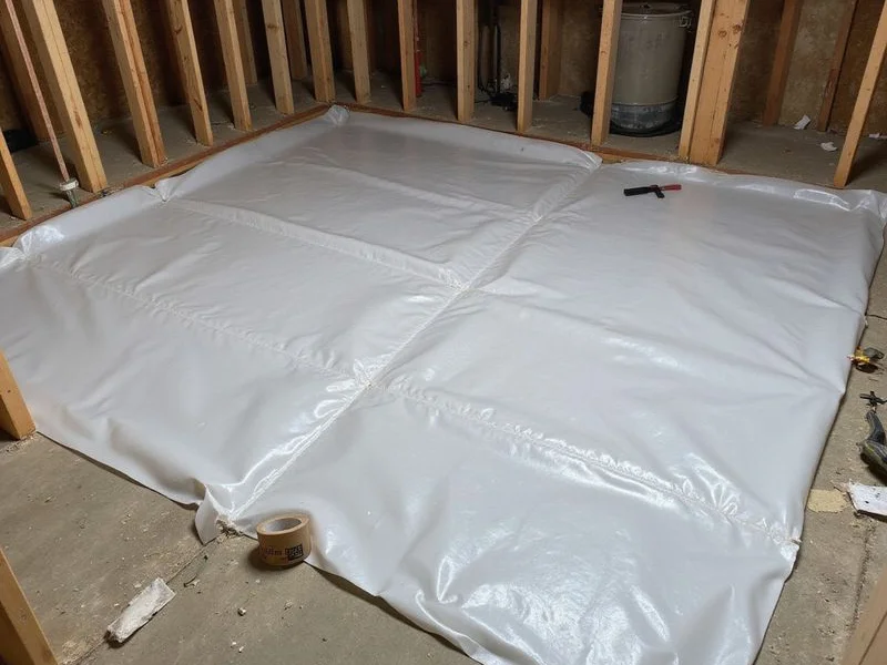Polyethylene vapor barrier laid across a crawlspace floor with seams overlapped