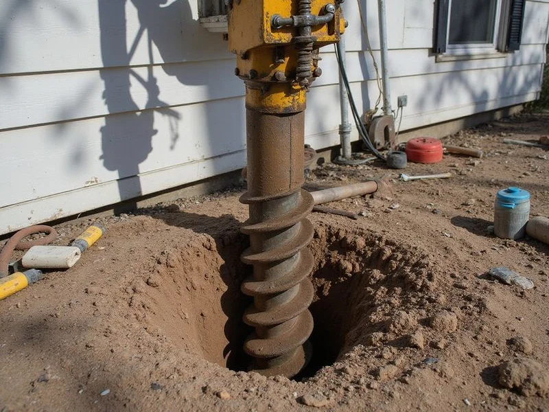 Helical pile being turned into the ground with a torque head