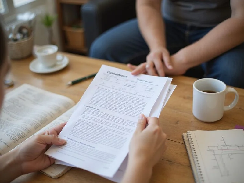 Homeowner reading a printed evaluation findings document at a kitchen table