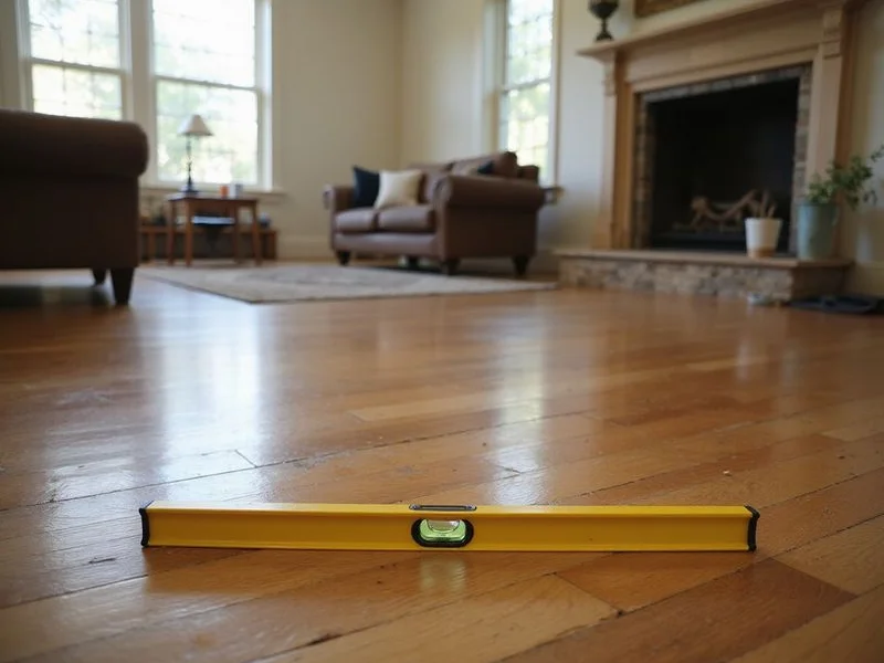 Level laid across a hardwood floor after pier-and-beam adjustment
