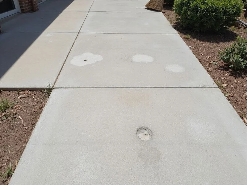 Patched injection holes on a restored level concrete walkway