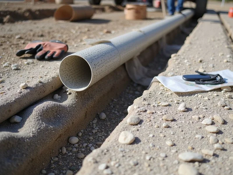 Perforated corrugated pipe and filter fabric positioned in a gravel drainage trench