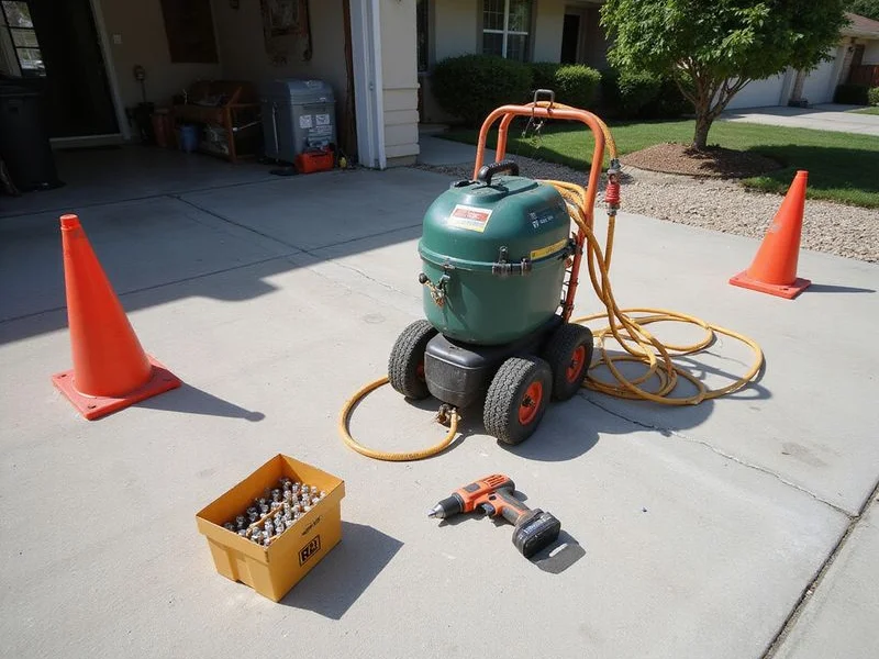 Polyurethane foam injection equipment set up on a residential driveway