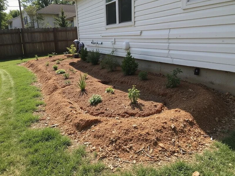 Restored landscaping along a repaired foundation perimeter at project completion