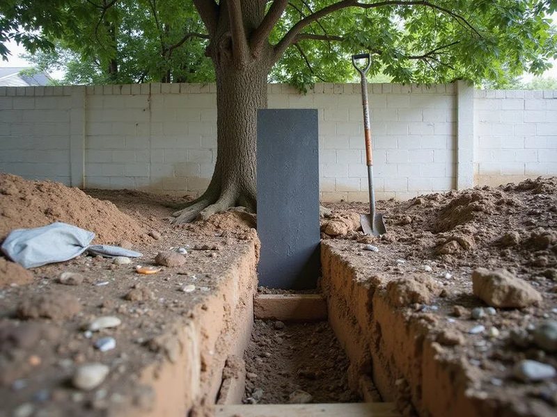 Root barrier panel set vertically in a trench between a mature tree and a foundation
