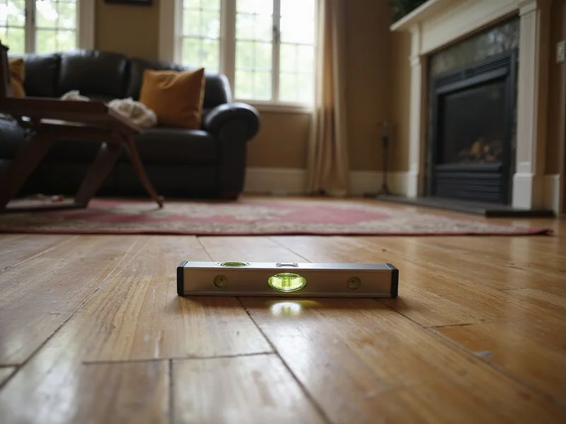 Spirit level laid across a visibly sloping hardwood floor before adjustment