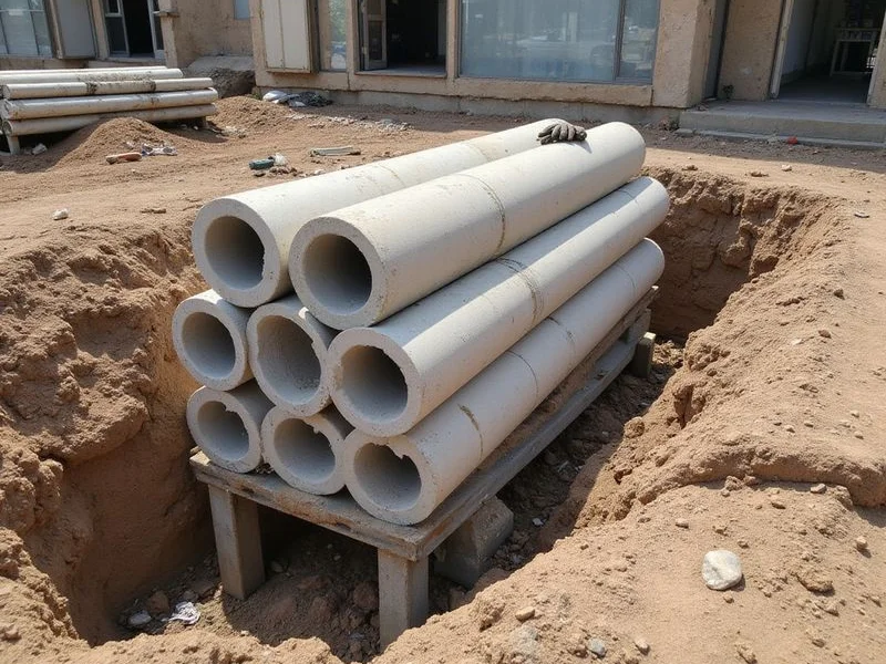 Pressed concrete cylinders and a steel pier section staged beside an open trench