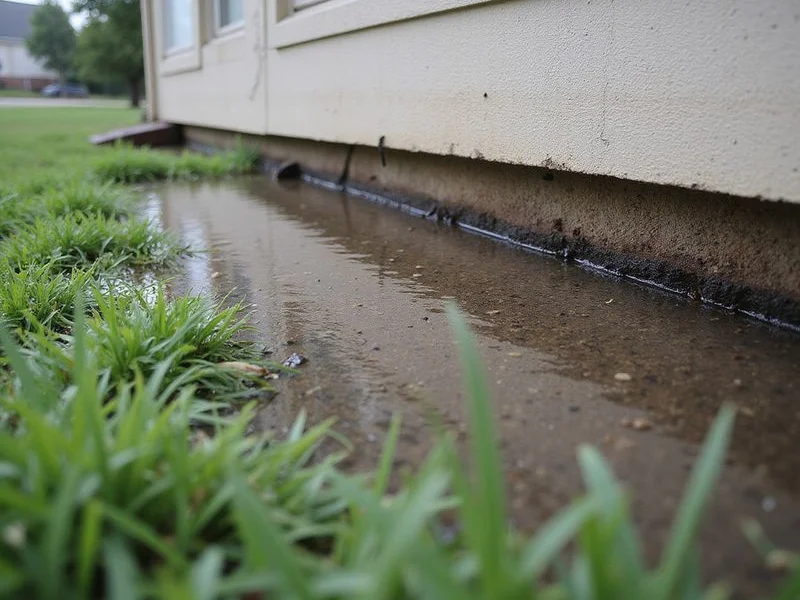 Standing water pooled against a house foundation after heavy rain