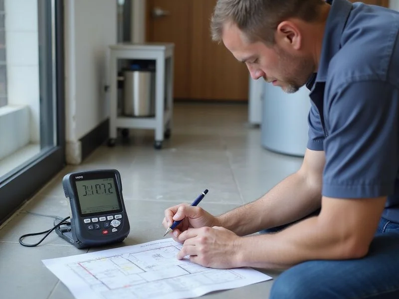 Technician recording interior floor elevations with a digital manometer