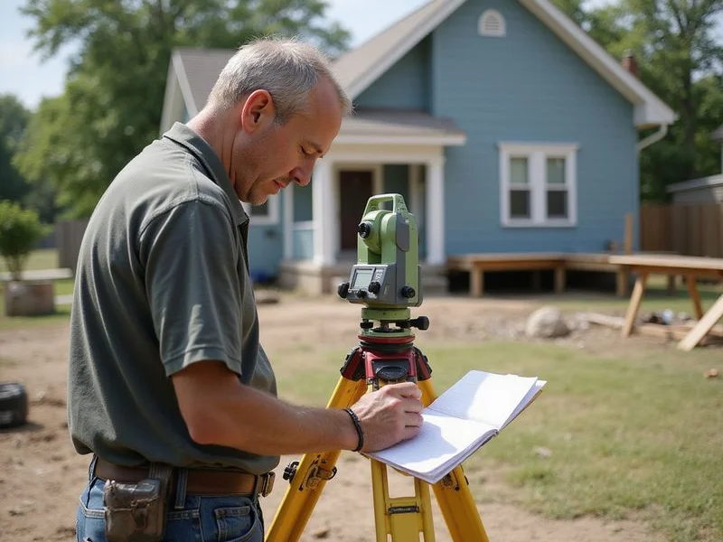 Technician reading a transit instrument set up to monitor elevation during a lift