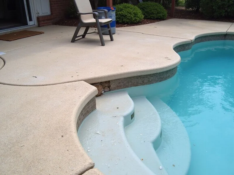 Uneven patio slab beside a pool deck showing a settled edge