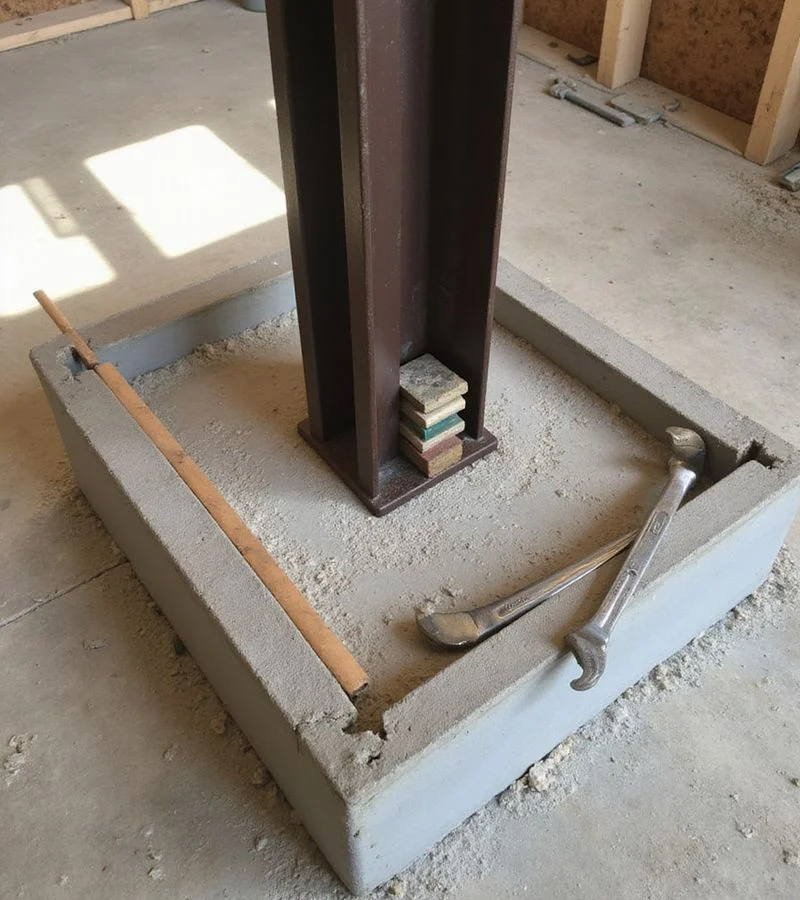 Adjustable steel jack post supporting a girder on a new concrete footing in a crawlspace