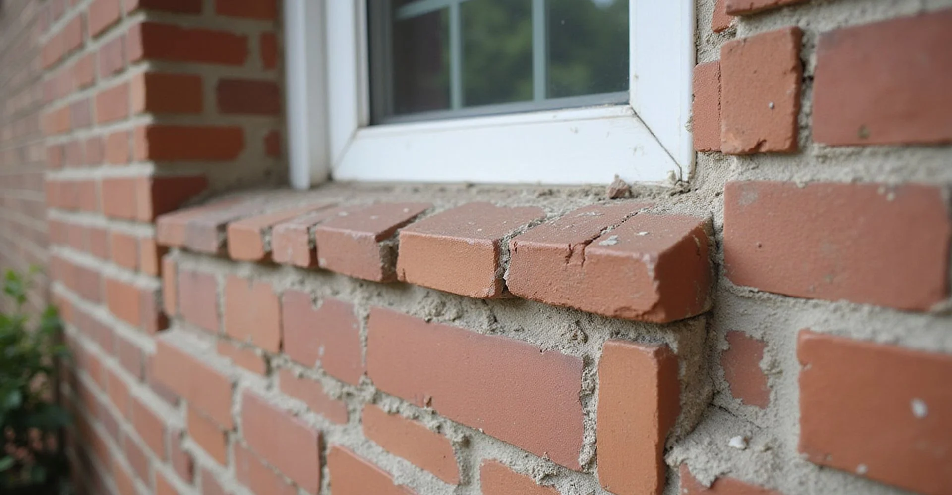Stair-step crack running through exterior brick mortar joints near a window on a Dallas home