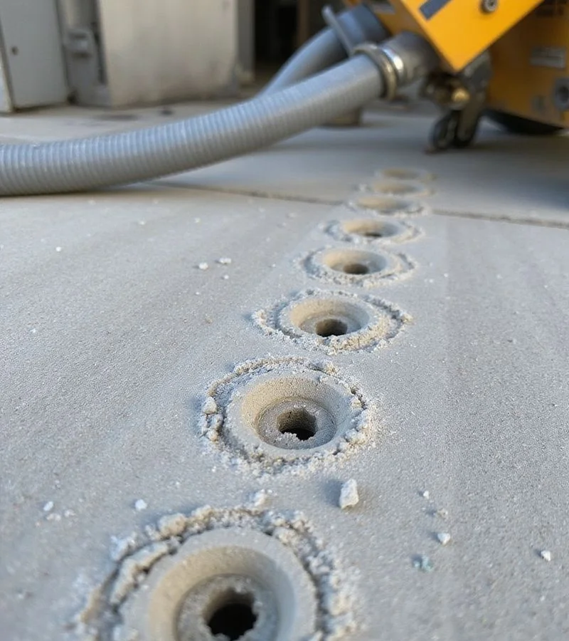 Penny-sized injection ports drilled in a concrete sidewalk panel with equipment hose connected