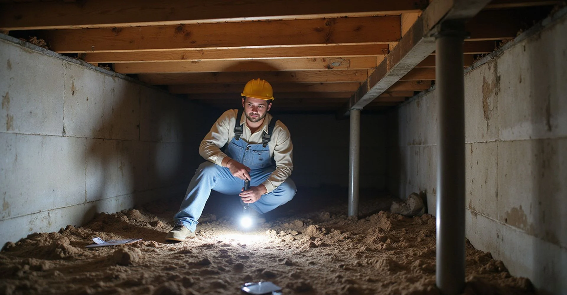 Contractor inspecting wood beams and concrete piers inside the crawlspace of an older Dallas home