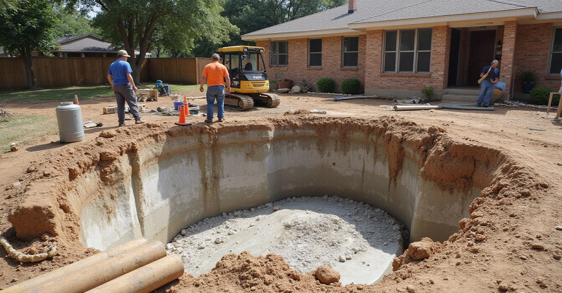 Foundation crew installing a pressed concrete piling at the perimeter of a Dallas slab home