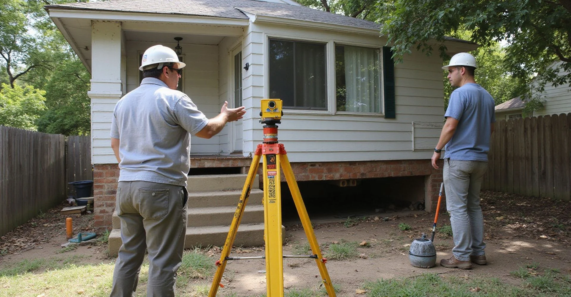 Crew monitoring a transit level during a controlled lift of an older Dallas home