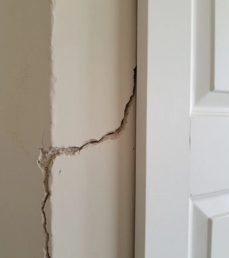 Diagonal drywall crack from the corner of an interior door frame with a dated pencil mark