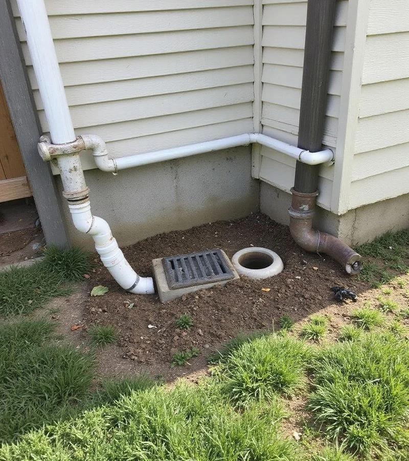Downspout extension and catch basin directing roof runoff away from a foundation