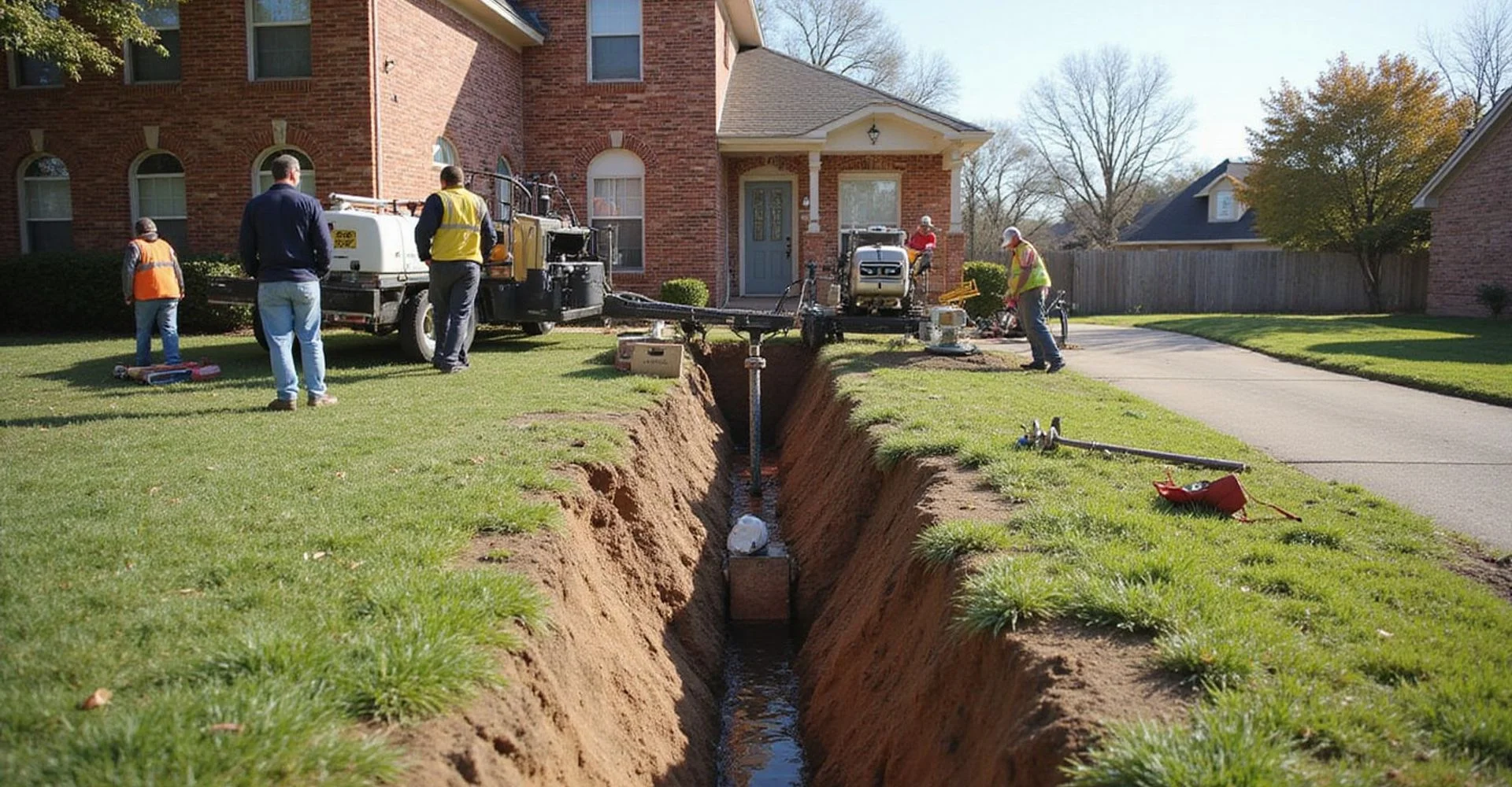 Foundation repair crew working at a North Texas residential property