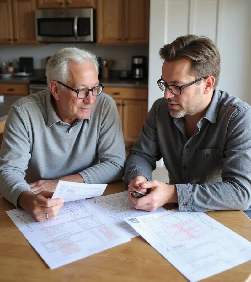 Homeowner and estimator reviewing an itemized foundation repair quote at a kitchen table