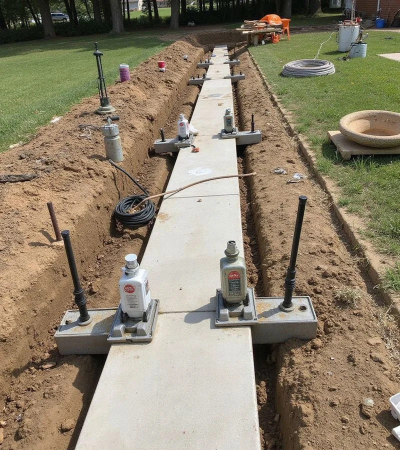 Hydraulic jacks positioned along an exposed grade beam during a controlled slab lift