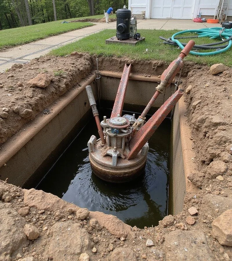 Hydraulic ram driving a steel pier section beneath an exposed grade beam