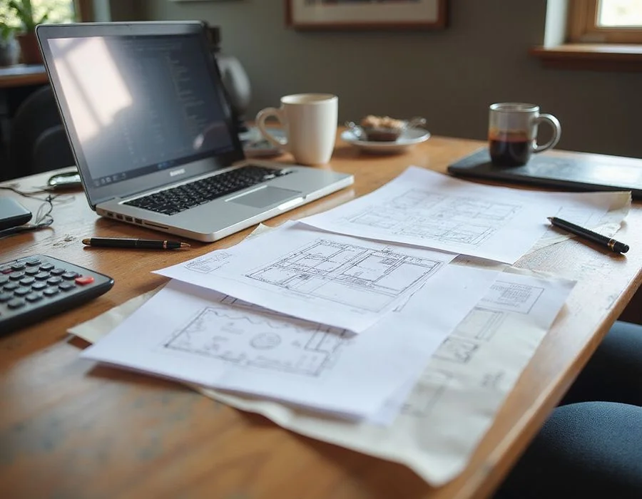 Desk with printed elevation surveys, floor plans, and a laptop used to prepare itemized quotes