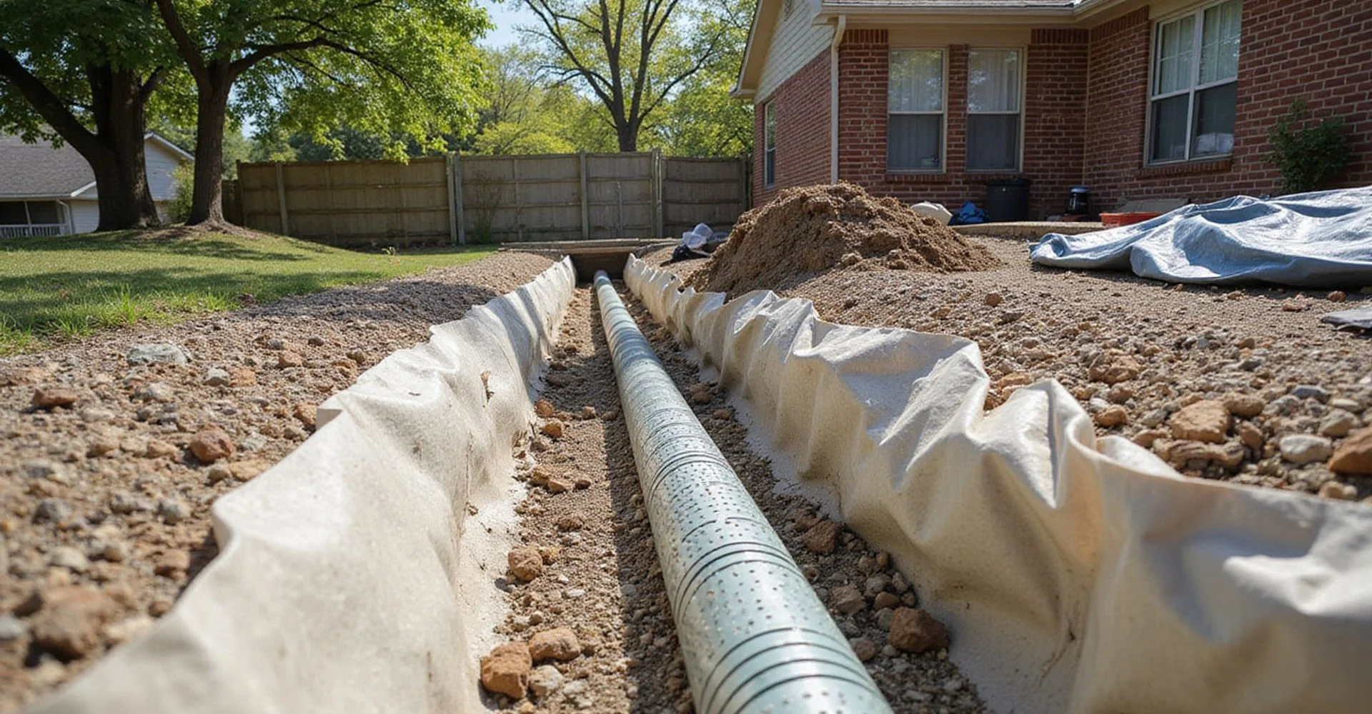 Open French drain trench lined with filter fabric and gravel beside a brick Dallas home
