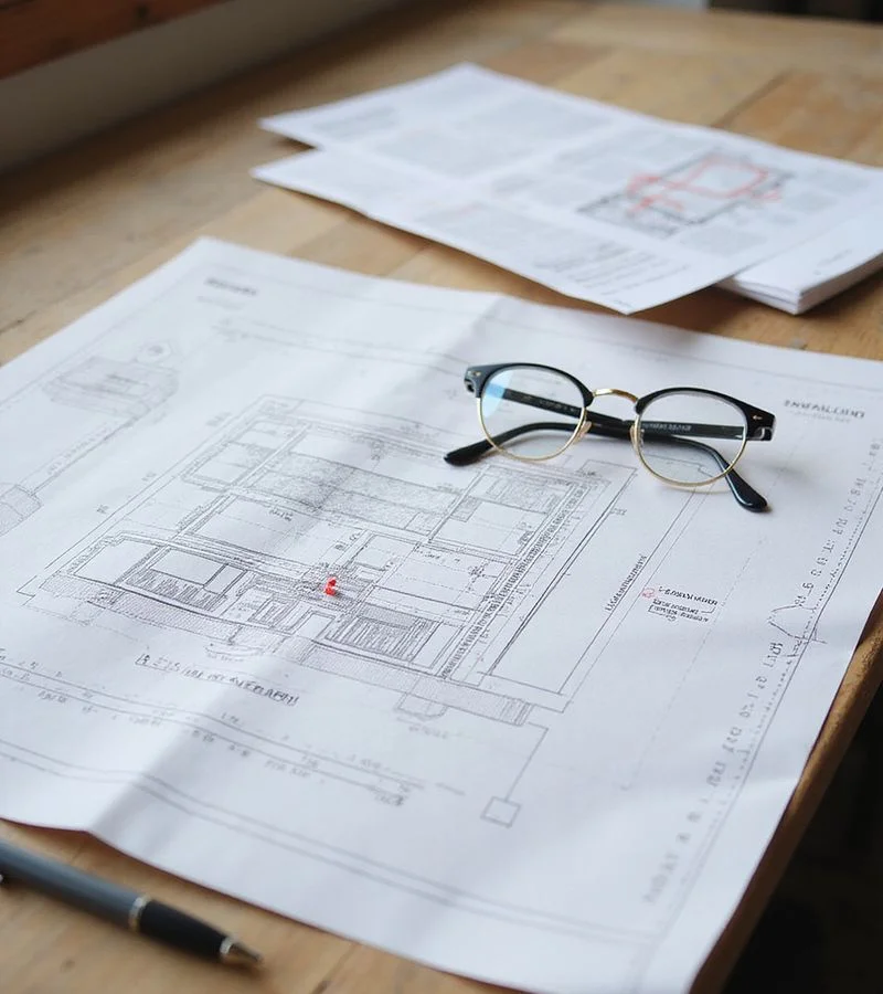Printed elevation contour survey over a floor plan with handwritten datum notes