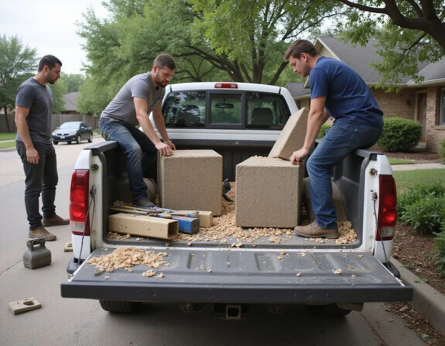 Foundation crew loading pier sections and tools into a work truck on a North Texas street