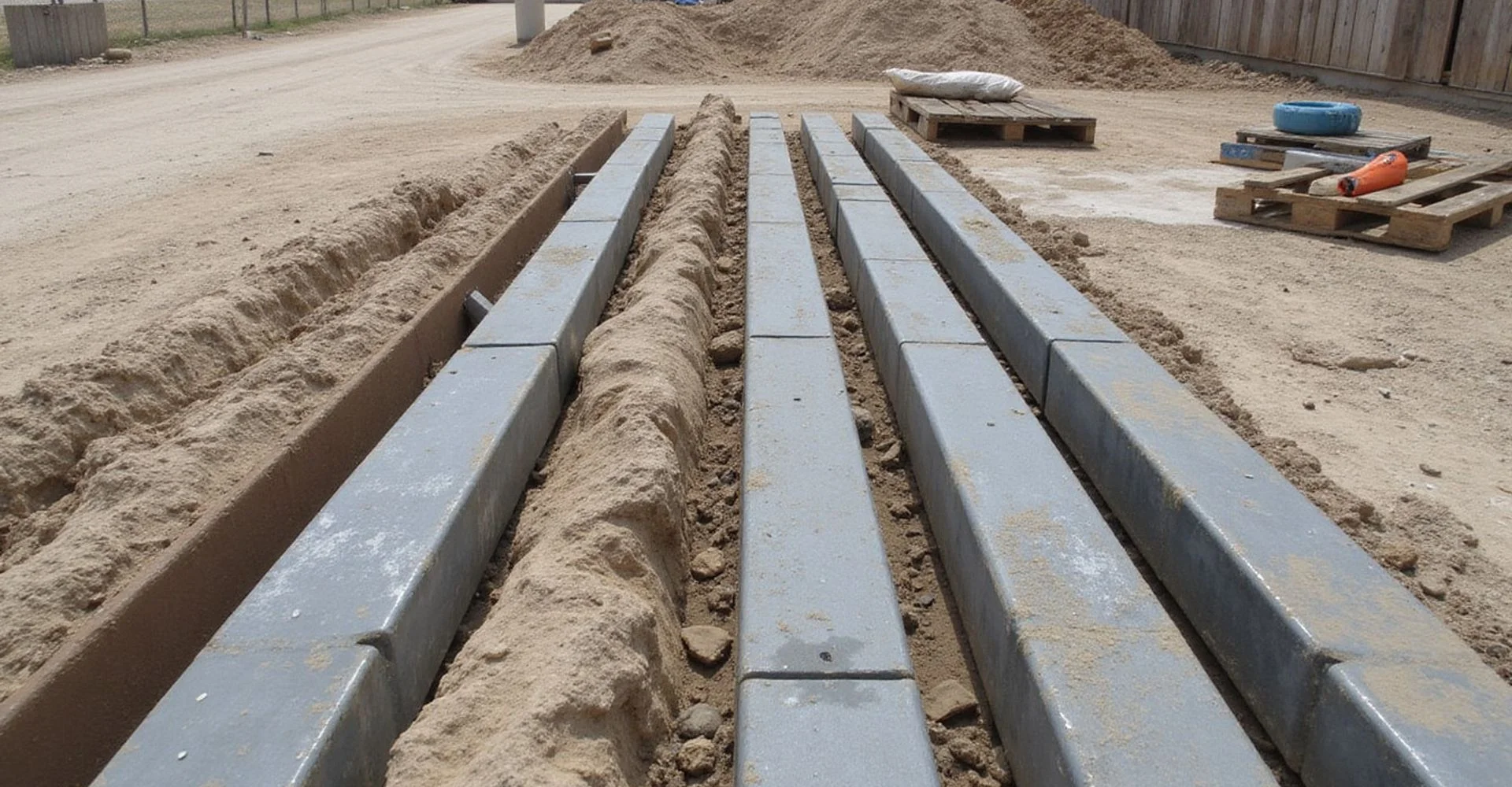 Steel pier sections and pressed concrete cylinders laid out side by side at a job site