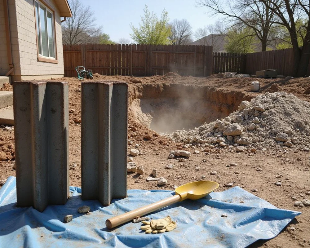 Steel pier sections and pressed concrete pilings staged beside an open excavation at a North Texas job site