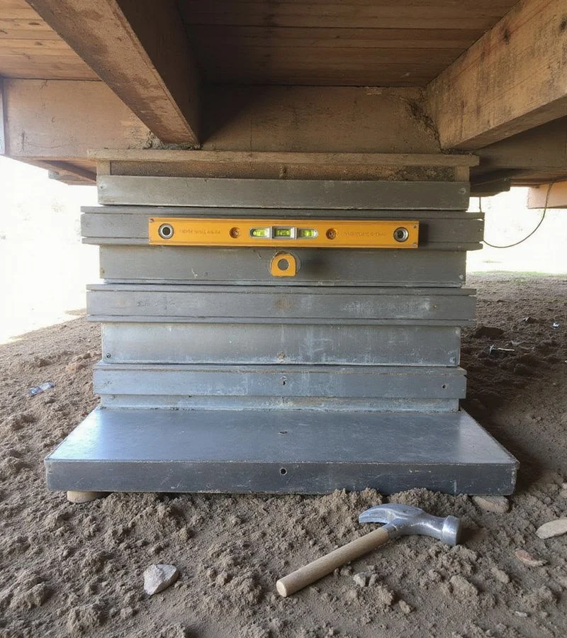 Steel shims stacked on a pier cap beneath a girder during adjustment