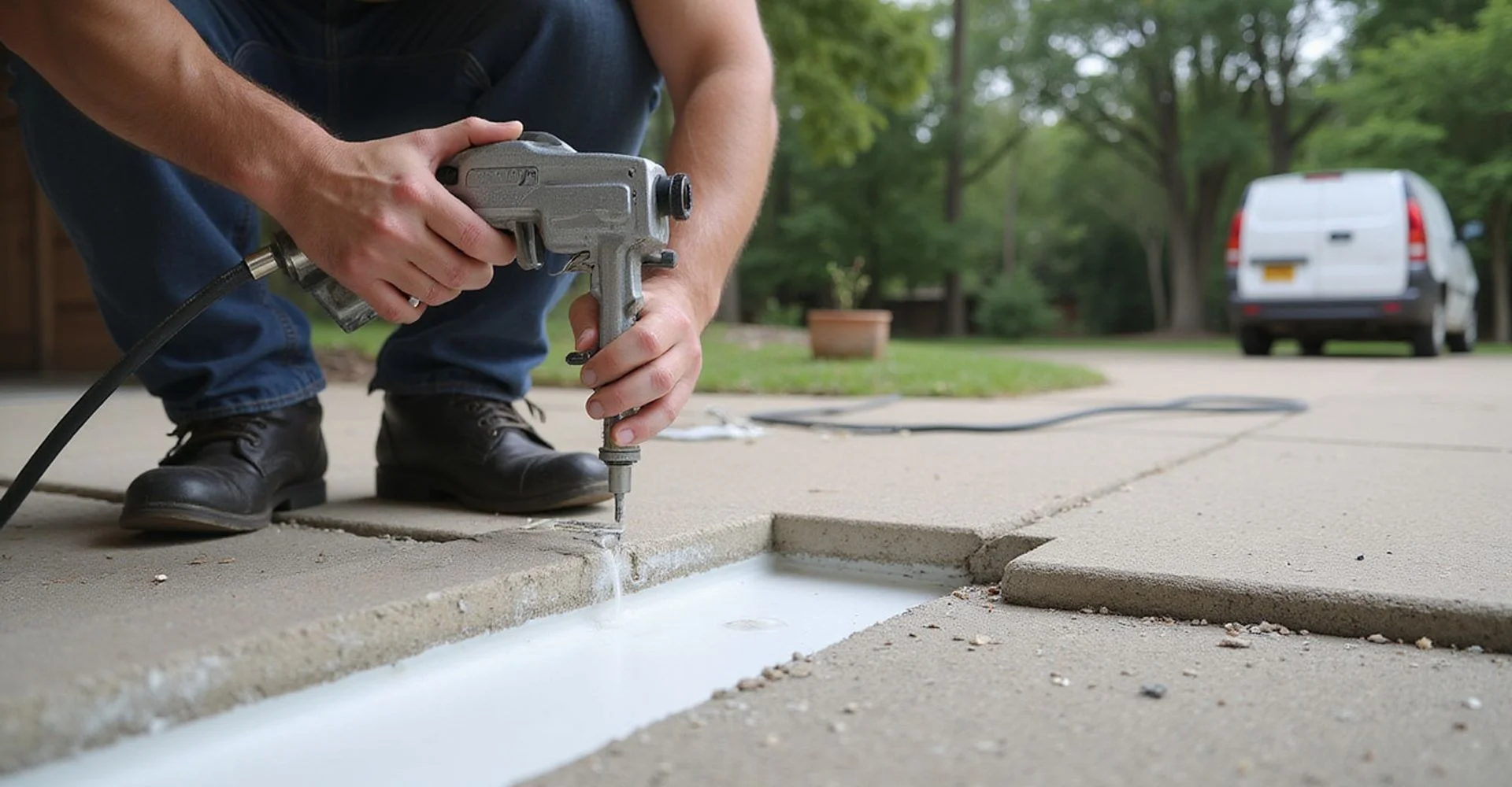 Technician injecting polyurethane foam through a small port in a settled concrete driveway panel