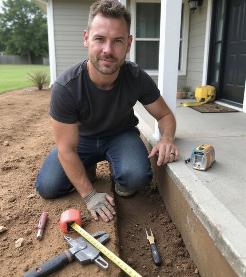 Technician working beside an exposed grade beam at a Dallas home perimeter